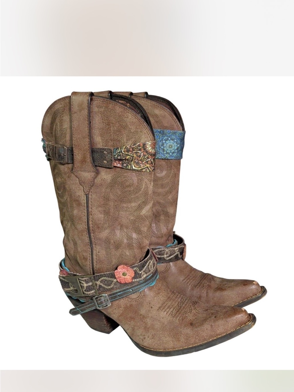 Durango Brown Leather Western Boots with Turquoise and Coral Accents